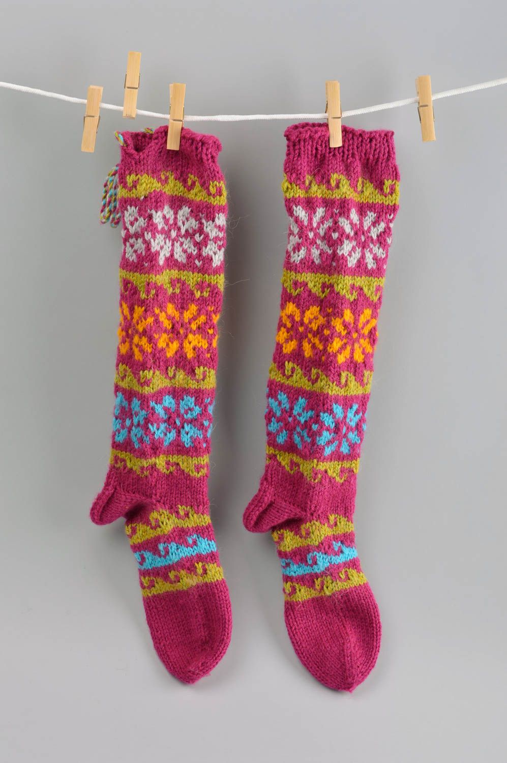 Handmade pink female socks unusual winter woolen socks knitted accessories photo 1
