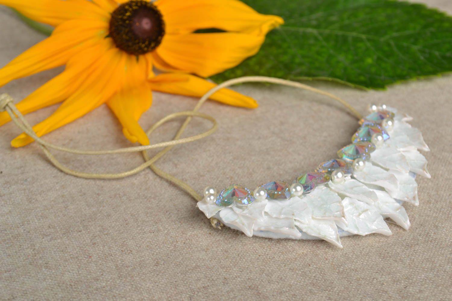 Handmade white beaded necklace made of polymer clay heart shaped accessory photo 1