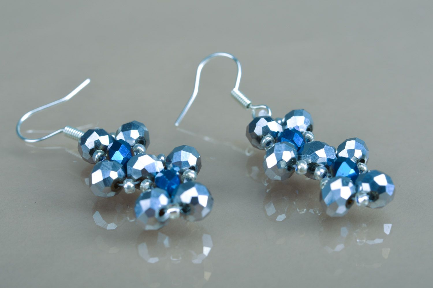 Handmade evening elegant dangle earrings with faceted blue beads for ladies  photo 2