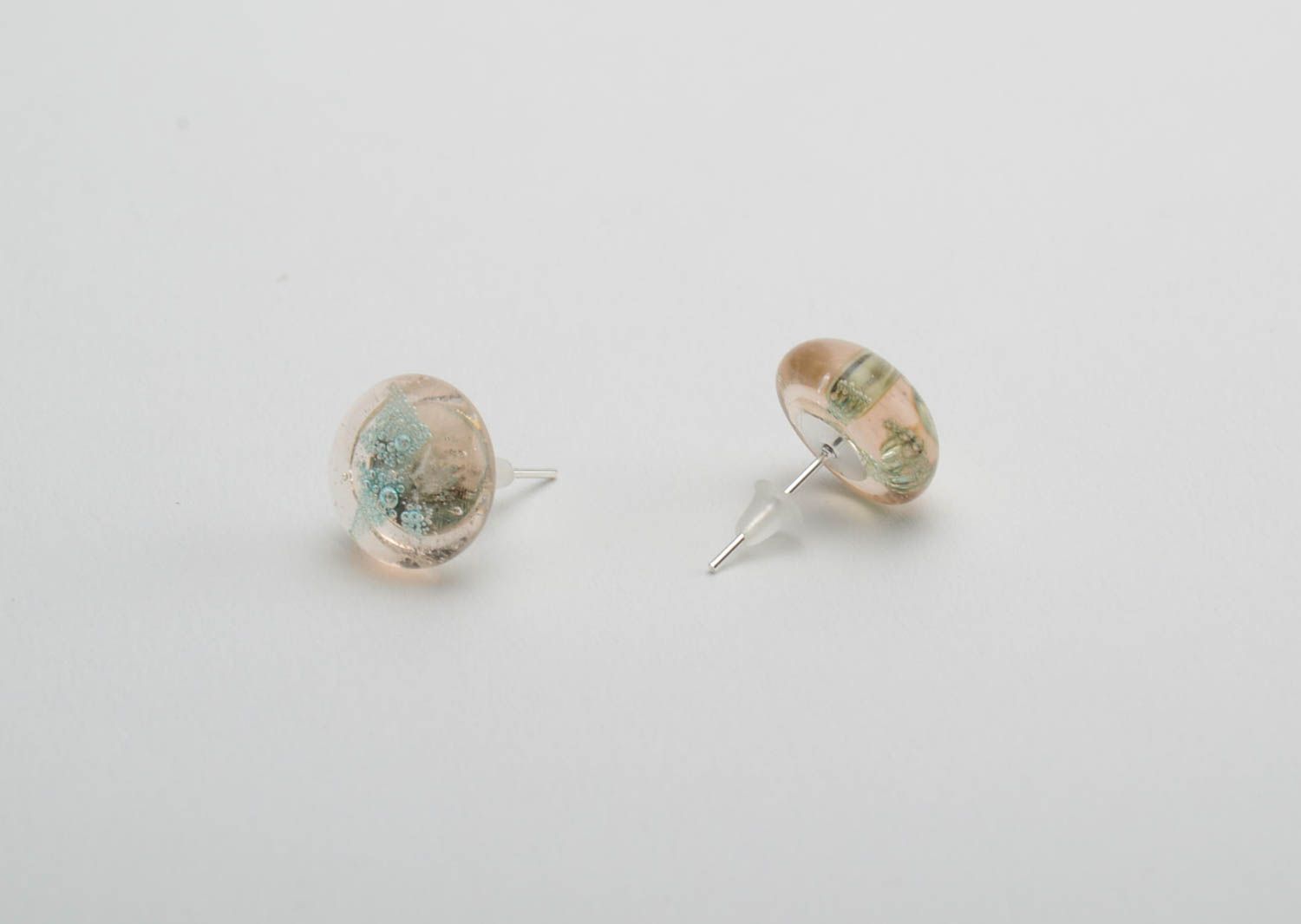 Gentle small handmade round fused glass stud earrings designer women's jewelry photo 3