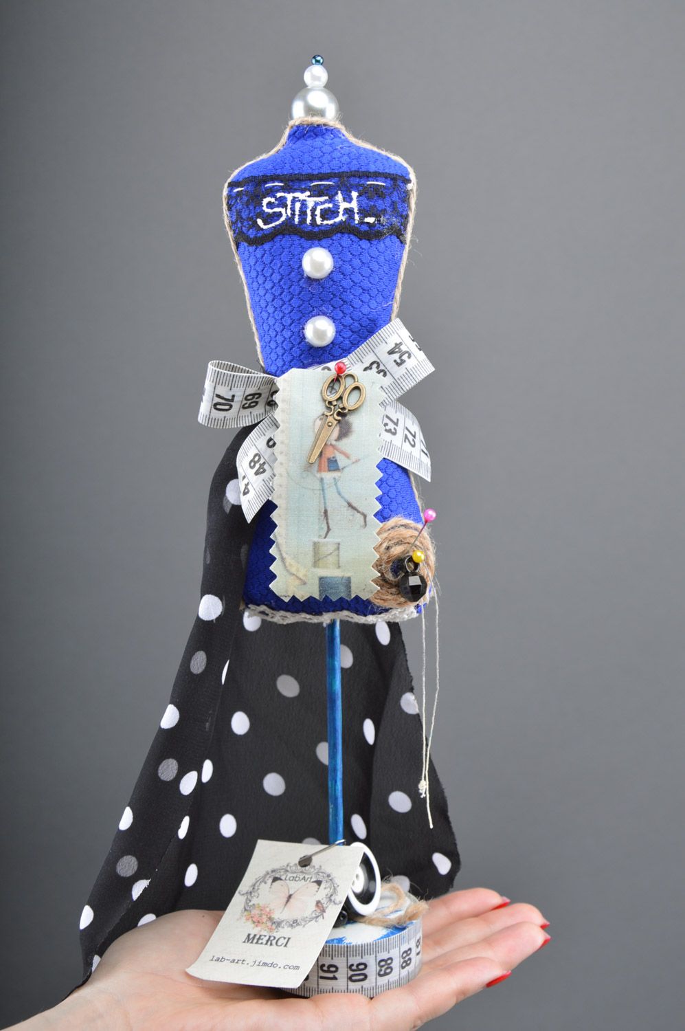 Unusual beautiful handmade fabric mannequin needle holder of blue color photo 4