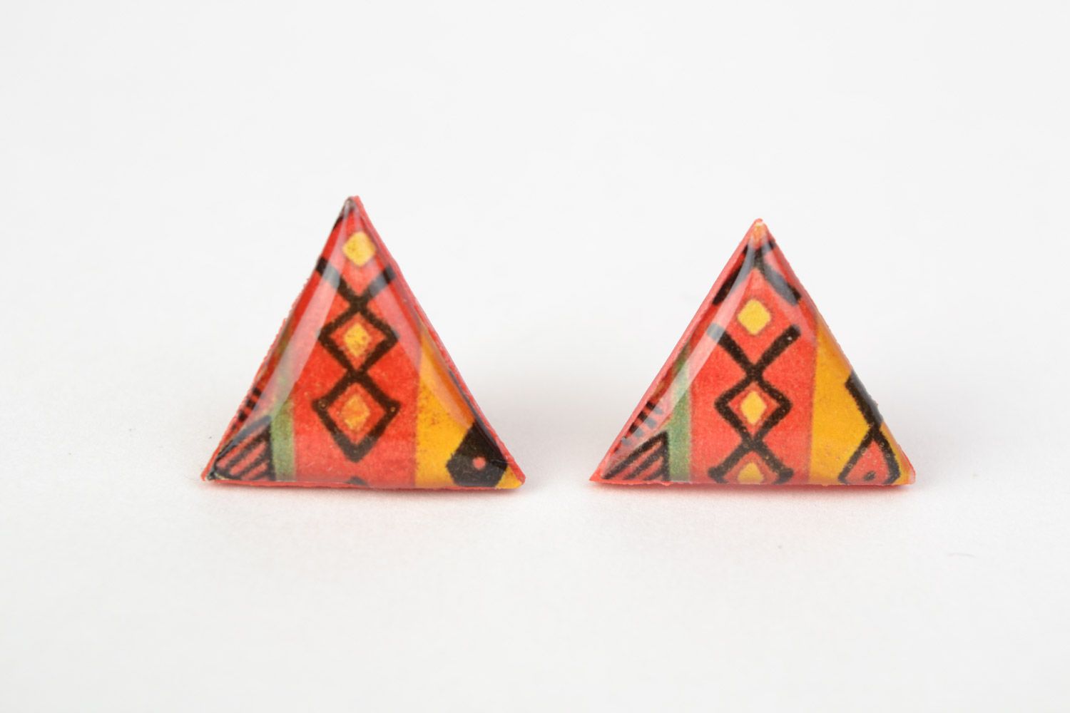 Handmade colorful triangle jewelry glaze stud earrings with ethnic ornaments photo 3