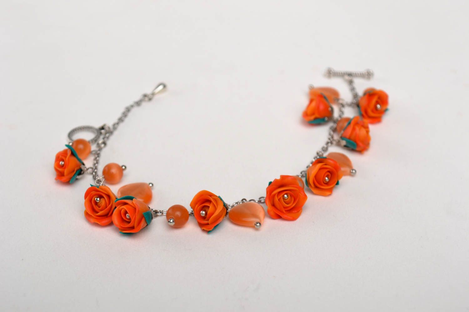 Оранжевый браслет ручной работы украшение из полимерной глины браслет с цветами фото 3
