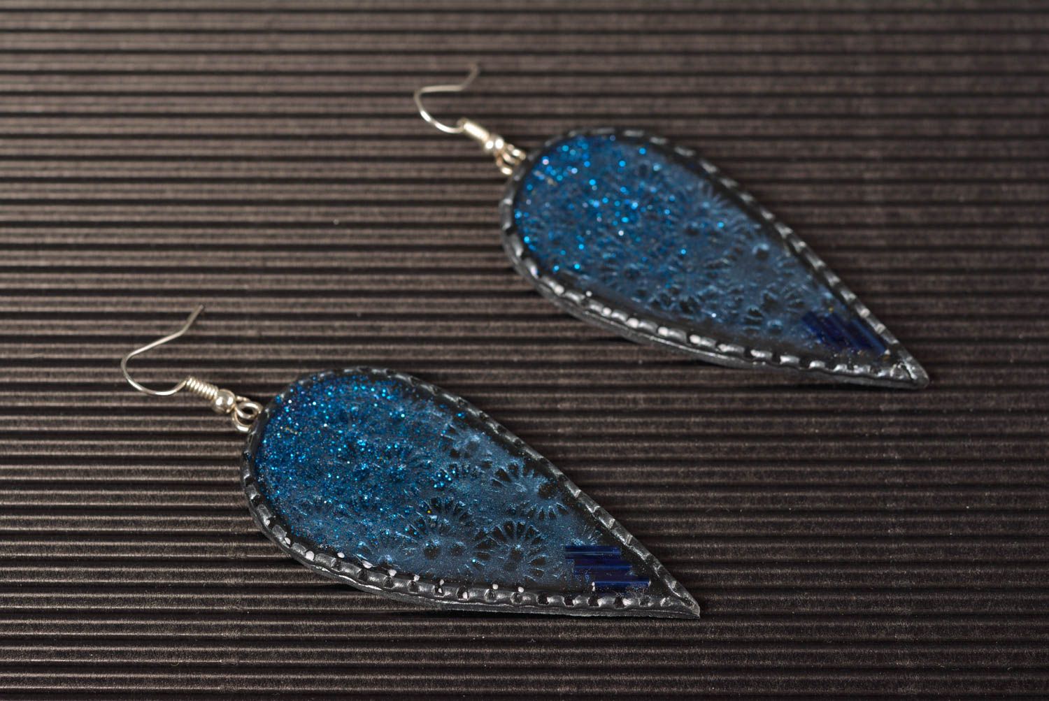 Handmade dark blue long dangle polymer clay earrings coated with epoxy resin photo 1