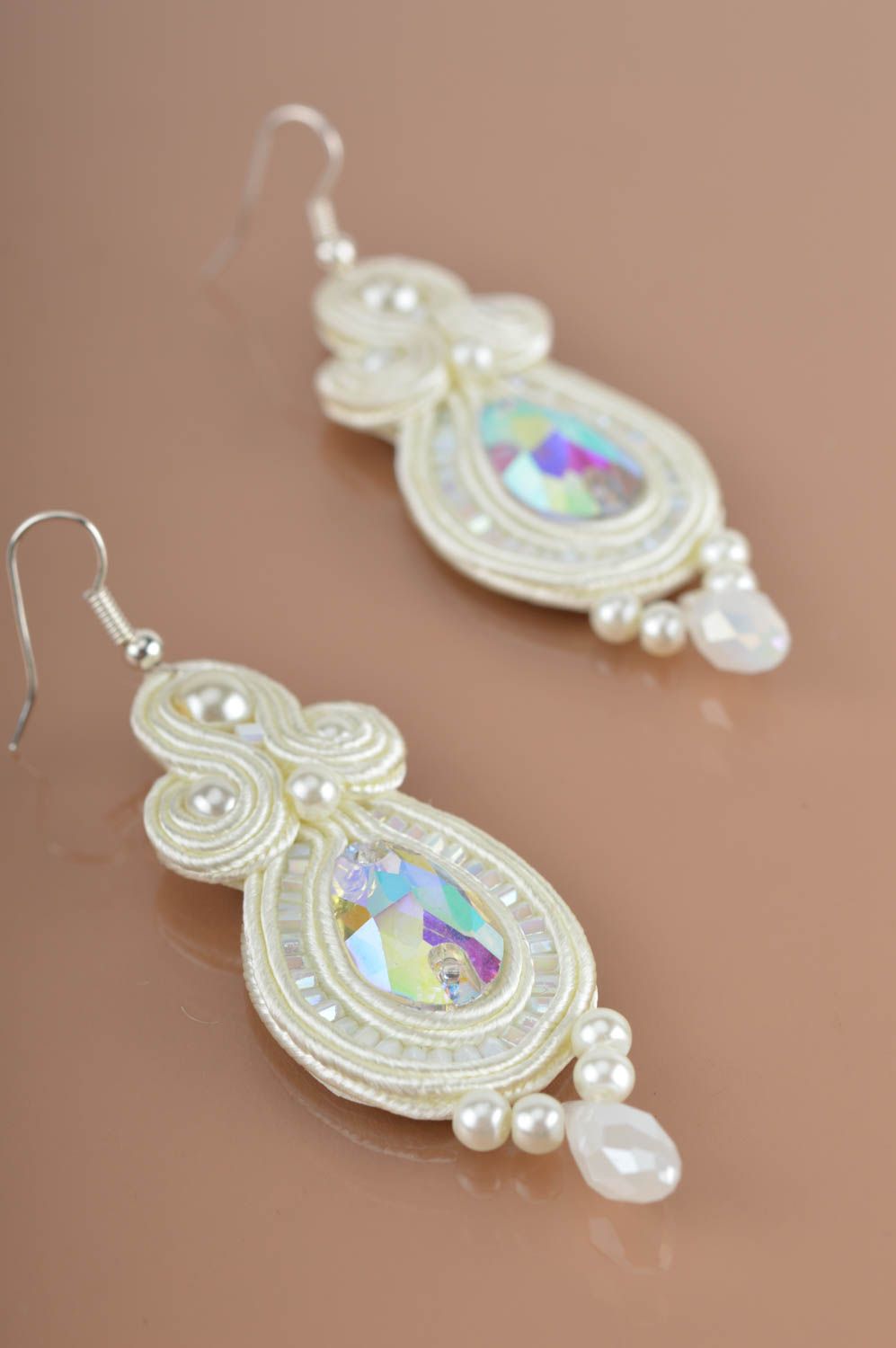 Beautiful long handmade designer white soutache earrings with crystals photo 2