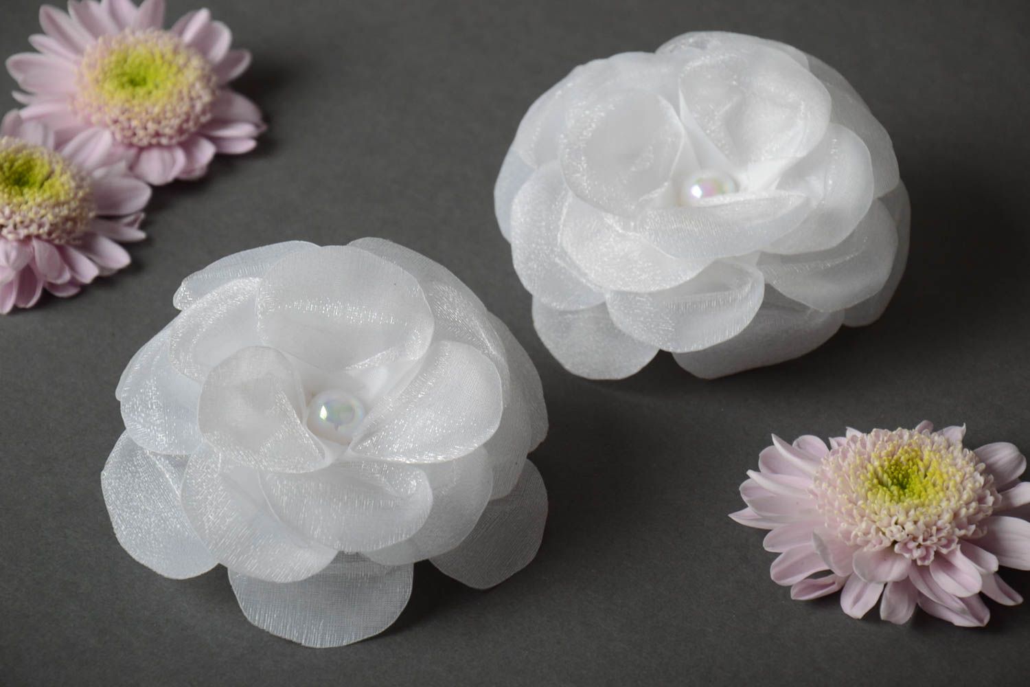 Set of 2 homemade designer hair ties with satin ribbon flowers in white color photo 1
