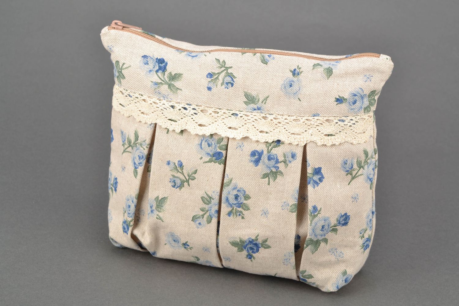 Handmade fabric beauty bag with lace Blue Rose photo 2