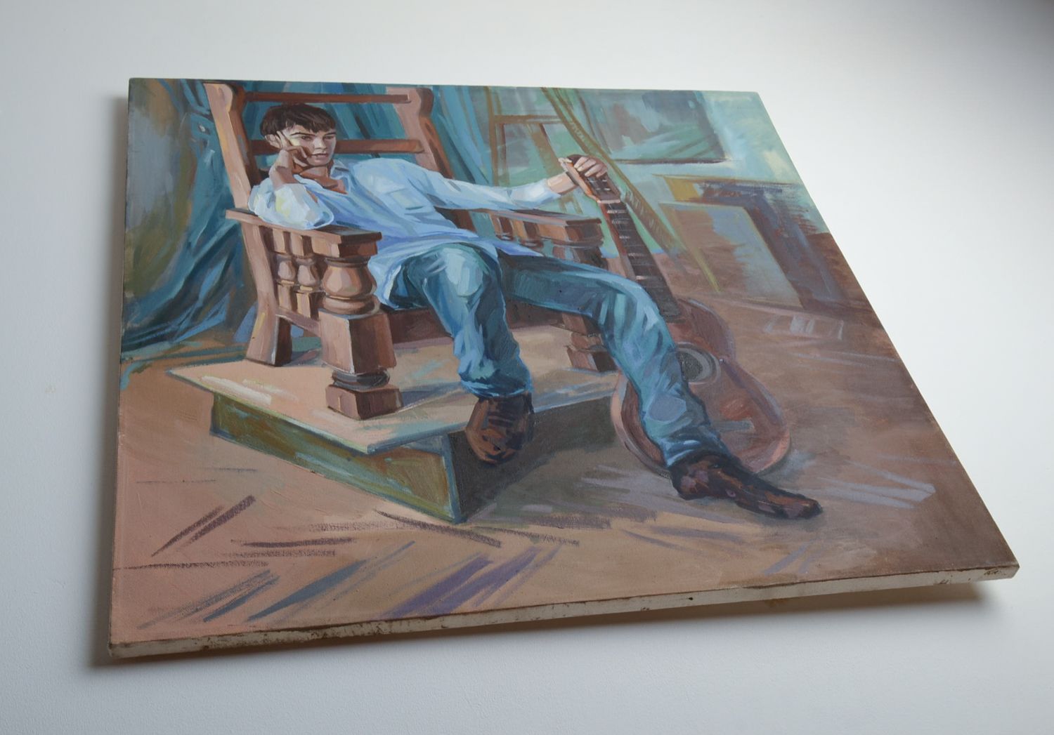Tableau portrait à l'huile homme pensif sur toile carré original fait main photo 3