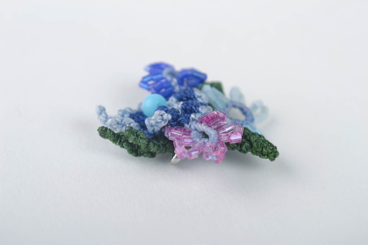 Broche fleur Bijou fait main Accessoire femme macramé ankars bleue tressée photo 3