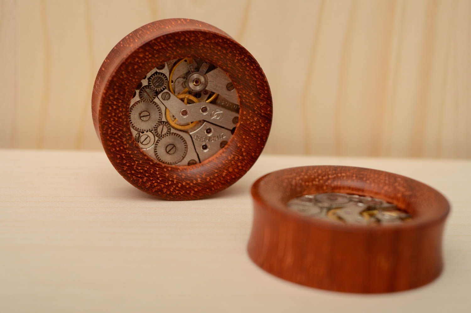 Padauk wood plug earrings with clock mechanism photo 5