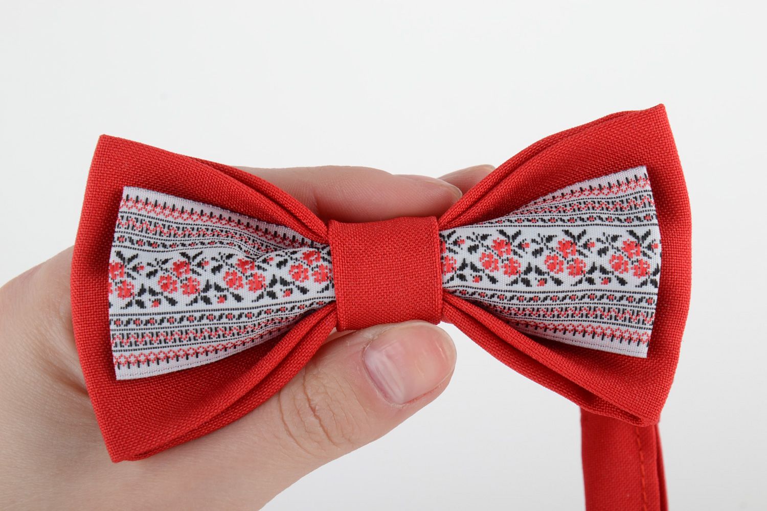 Handmade designer bow tie sewn of red and patterned fabrics in ethnic style photo 5