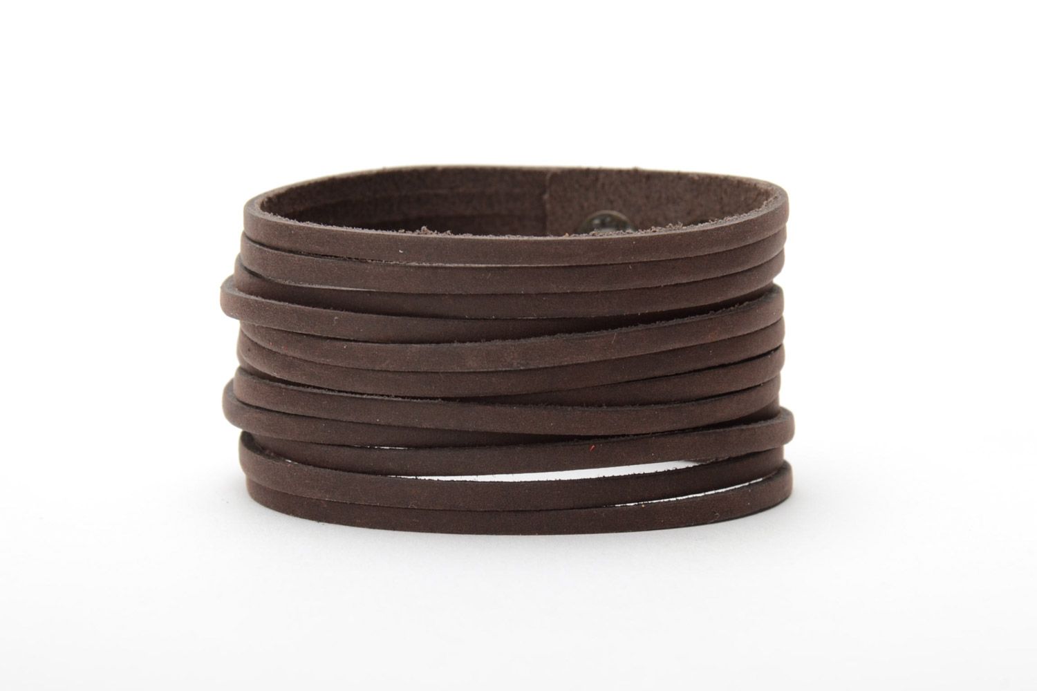 Large bracelet en vrai cuir original brun avec boutons-pressions fait main photo 3