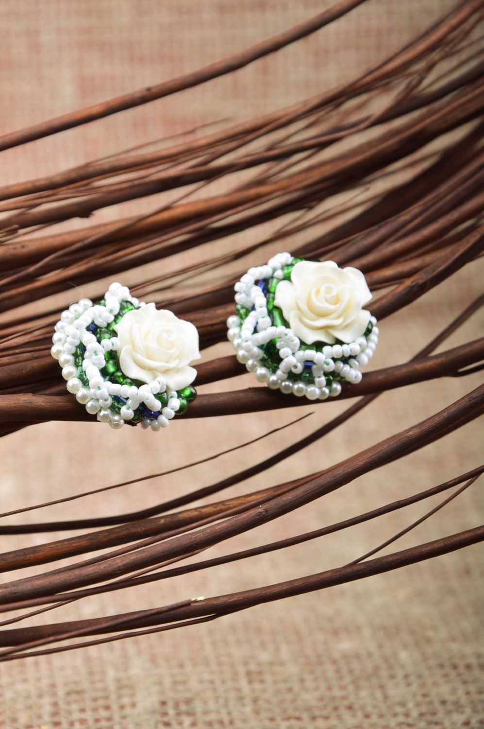 Handmade festive large white and green beaded stud earrings with roses photo 5