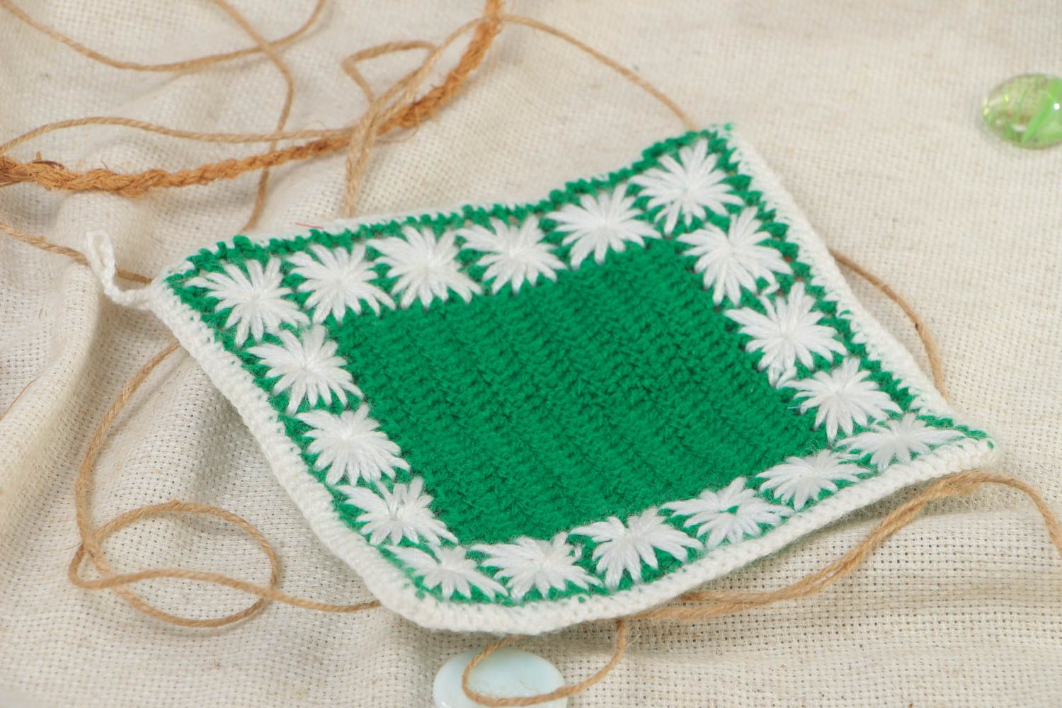 Handmade small square napkin crocheted of green and white acrylic threads photo 1