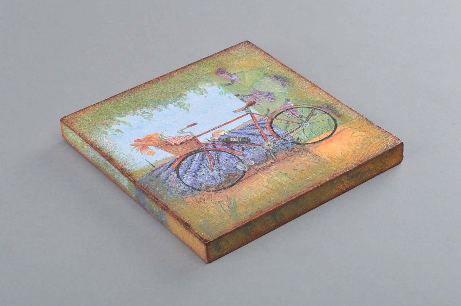 Handmade designer decorative decoupage wooden square wall panel Bicycle photo 3