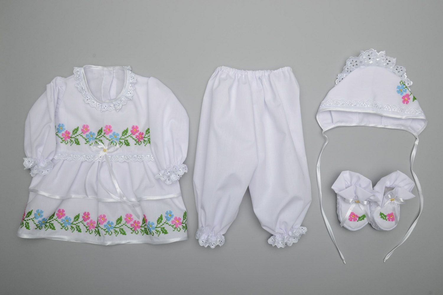 Handmade baby girl clothes set dress paints shoes and hat with embroidery photo 2