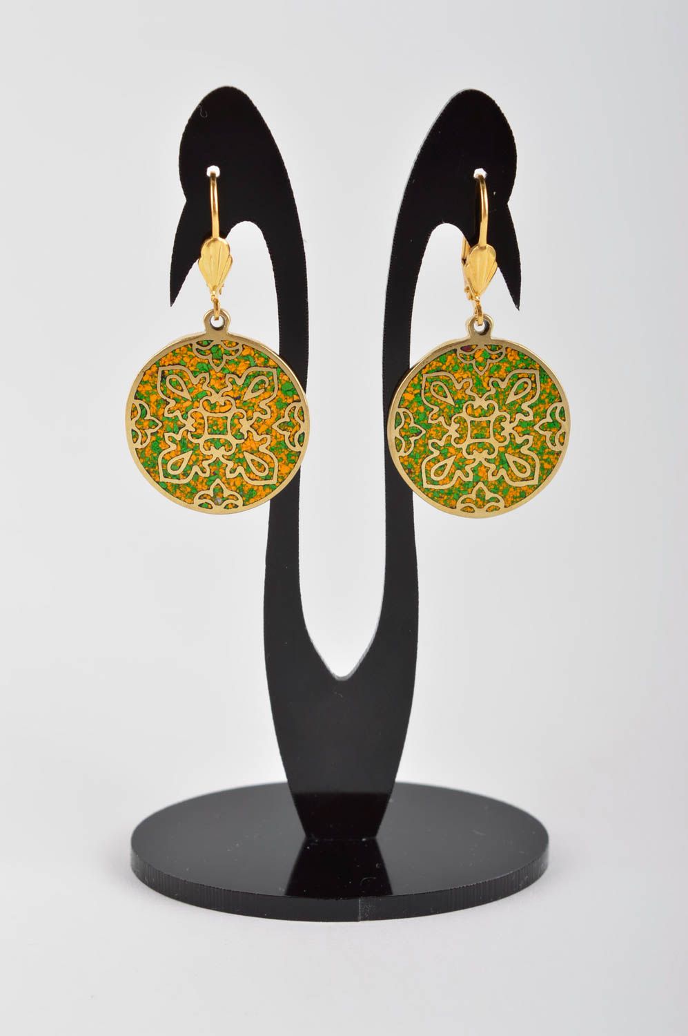 Designer earrings with natural stones handmade brass earrings metal bijouterie photo 2