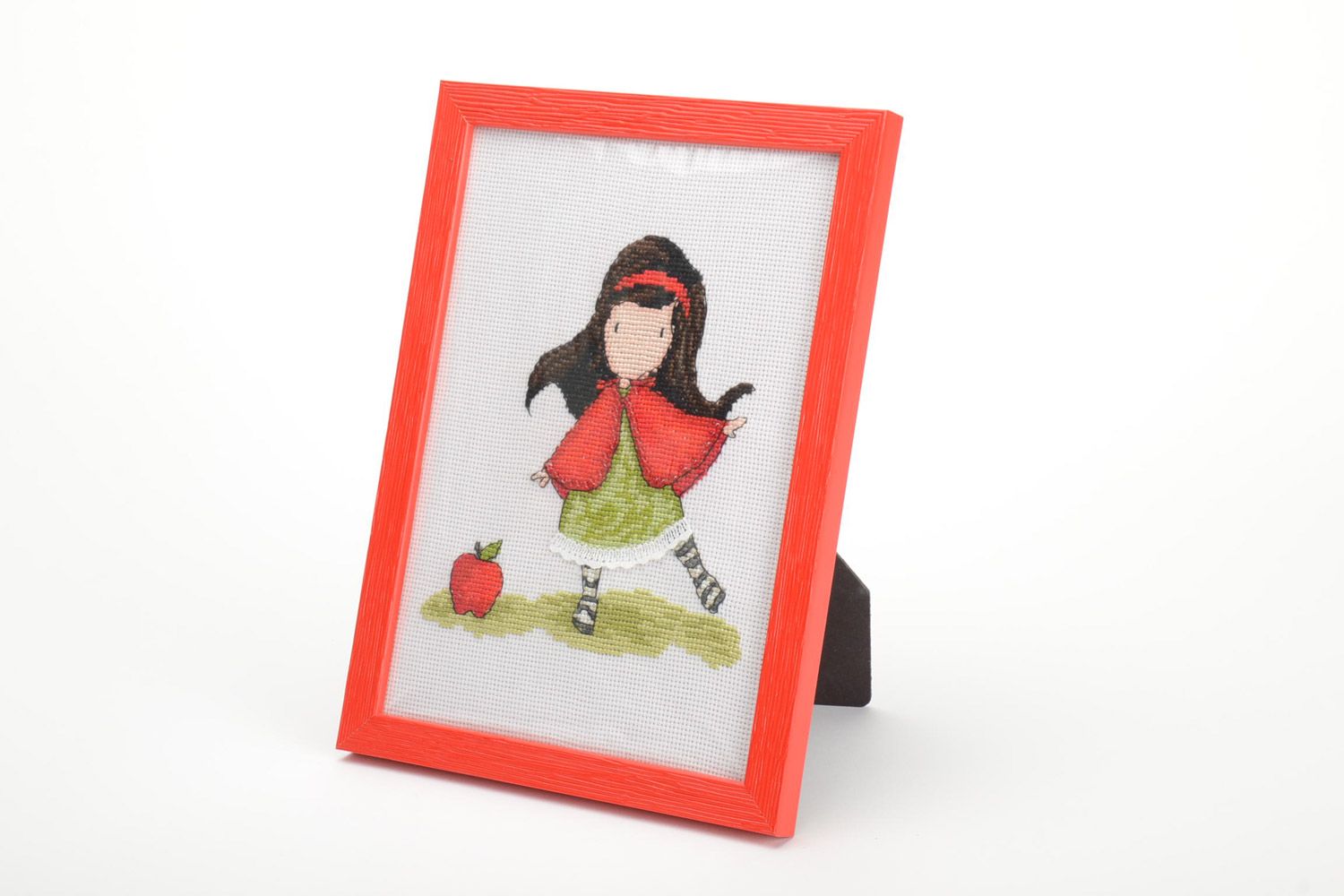 Handmade small embroidered picture with red frame Girl with Apple photo 2