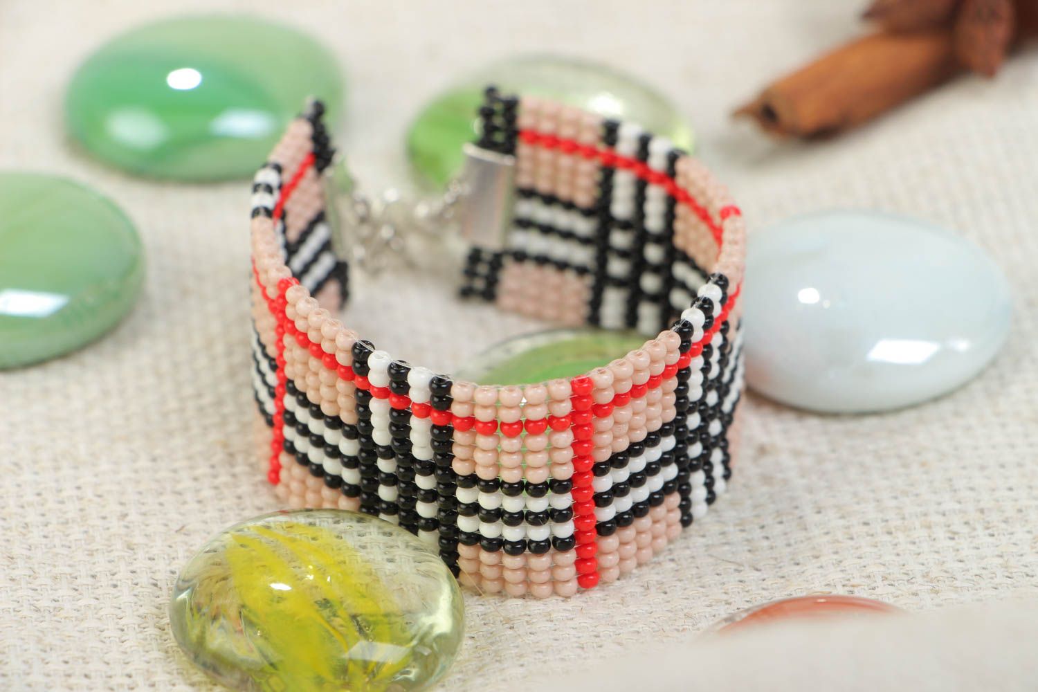 Handmade beaded woven checkered bracelet wide accessory in Scottish-style photo 1