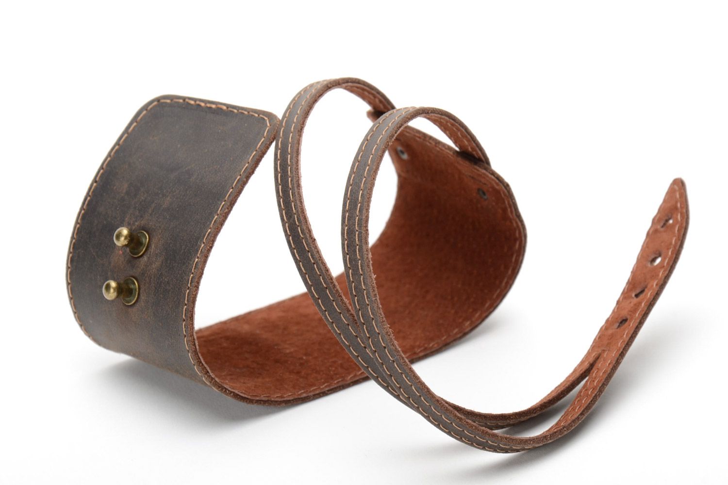 Handmade genuine leather double wrap wrist bracelet of dark brown color unisex photo 5