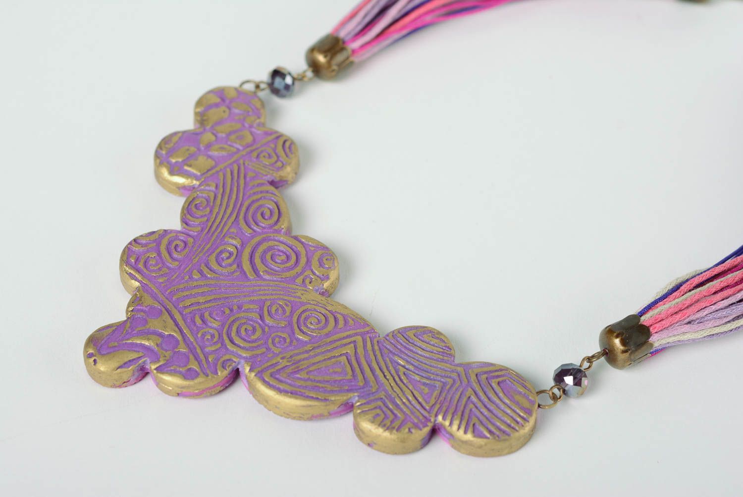 Massive handmade lavender polymer clay necklace with ties photo 4