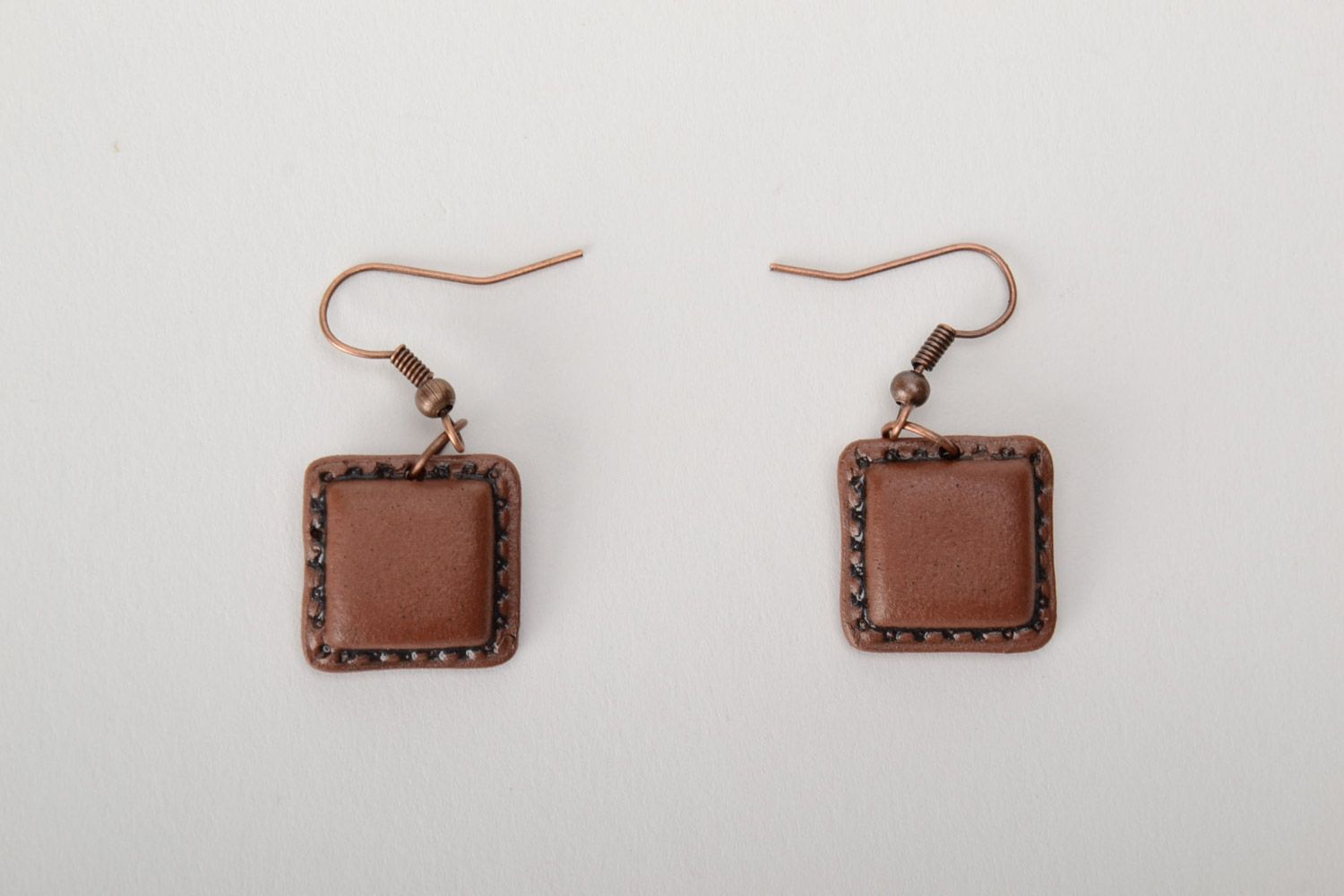 Small handmade square ceramic dangle earrings coated with enamels Chocolate photo 3