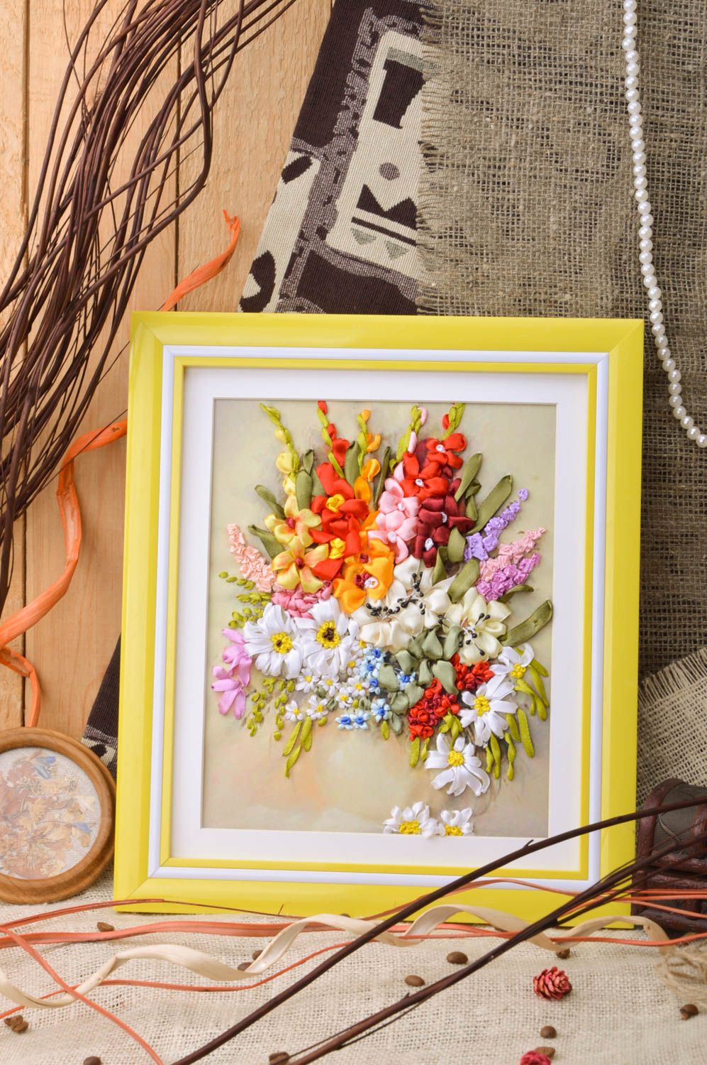 Unusual beautiful handmade satin ribbon embroidery in yellow frame photo 1