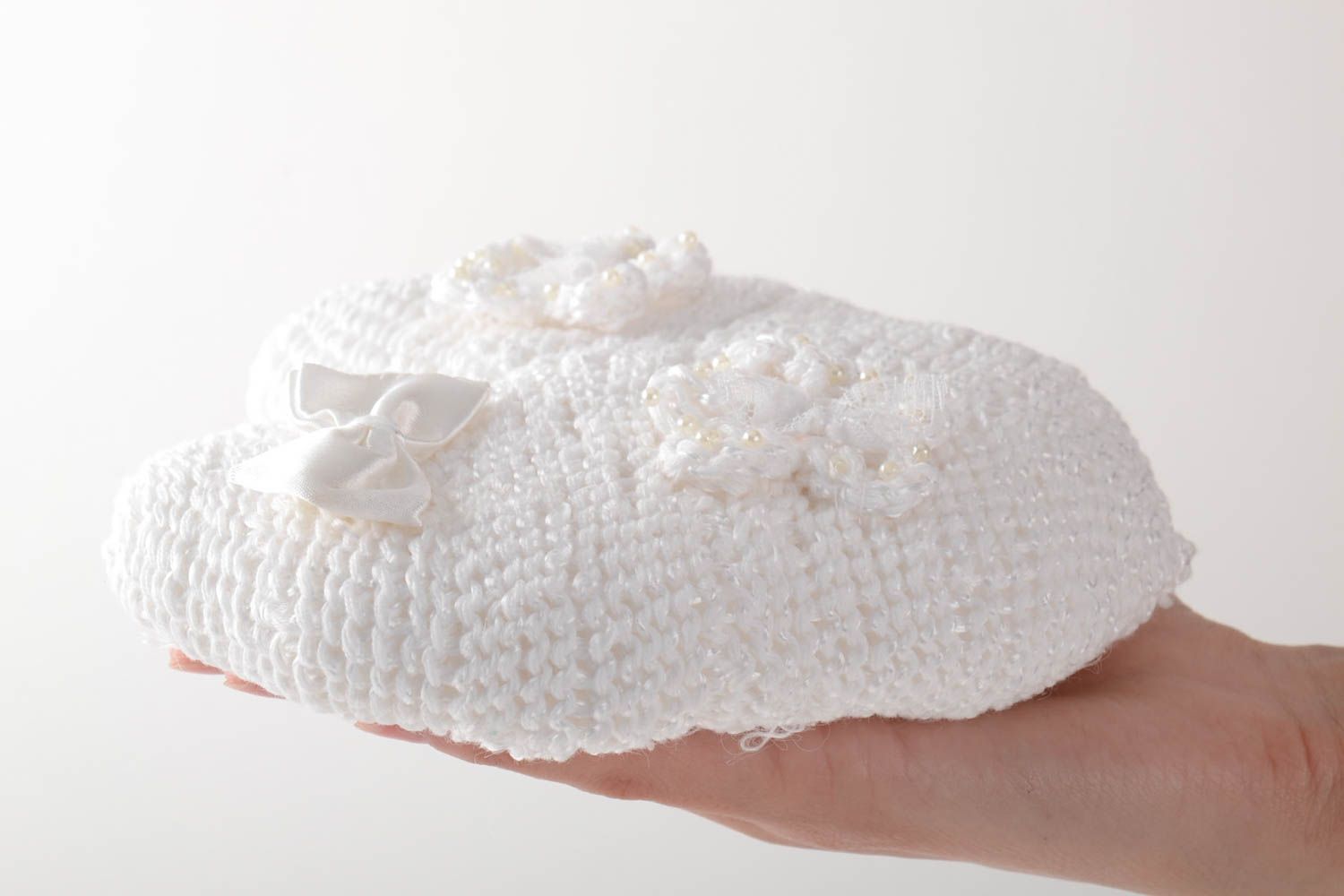 Small handmade white crochet wedding ring bearer pillow heart shaped photo 5