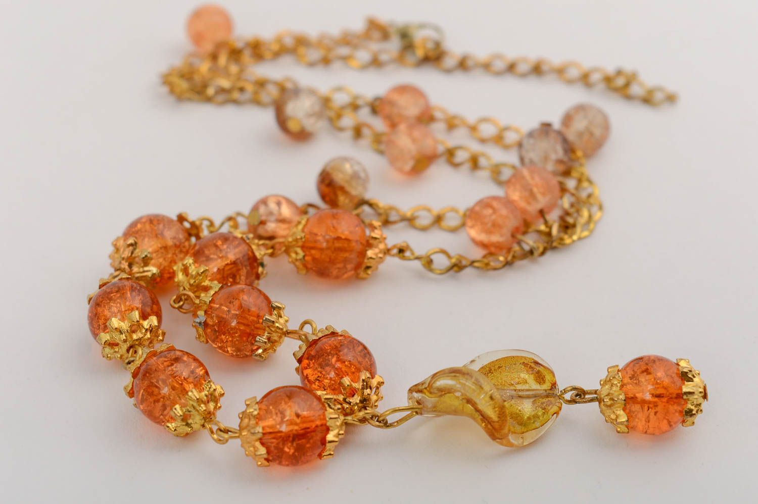 Handmade designer necklace with Venetian glass on metal chain in amber color photo 3