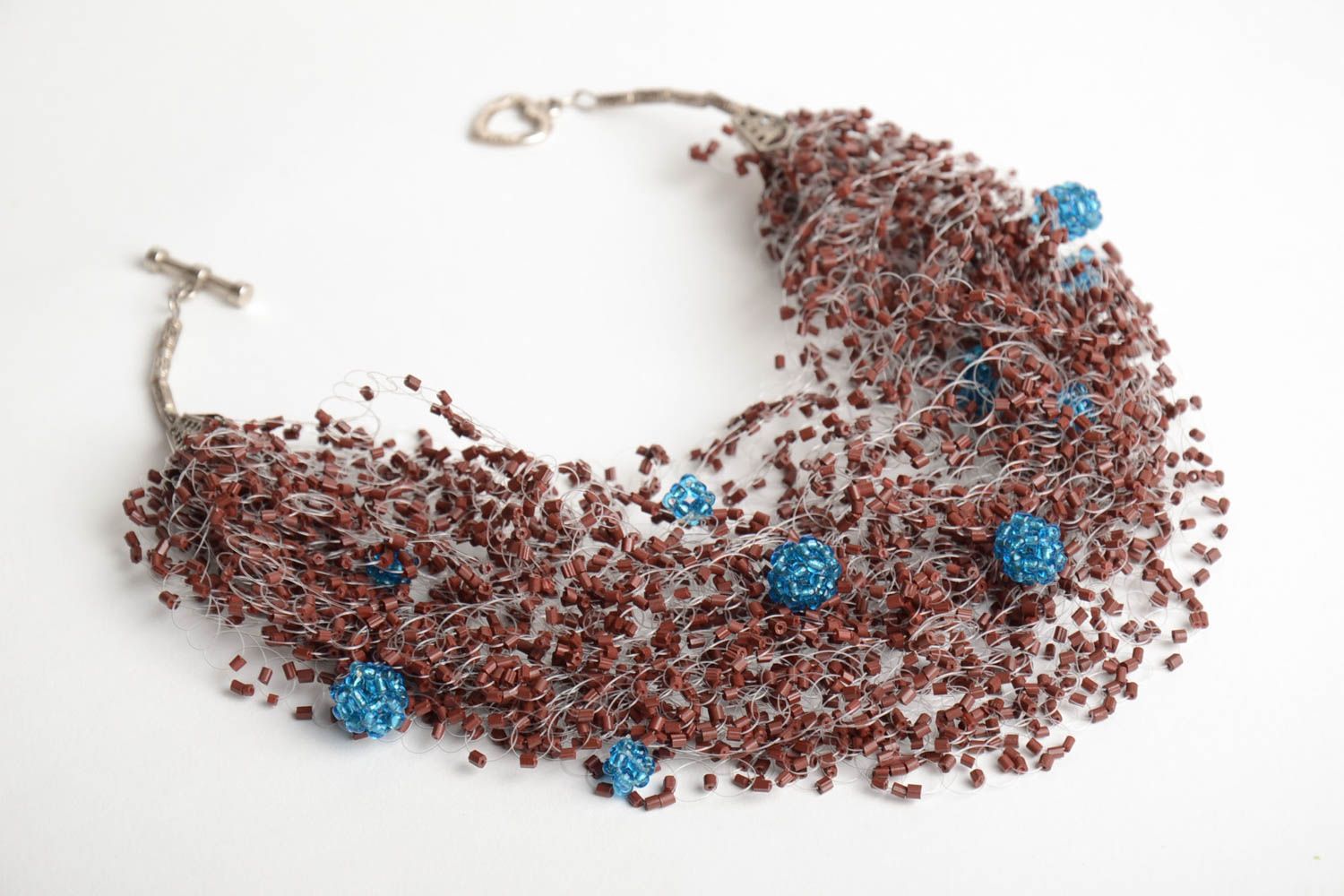 Handmade designer brown and blue airy volume necklace crocheted of Czech beads photo 3