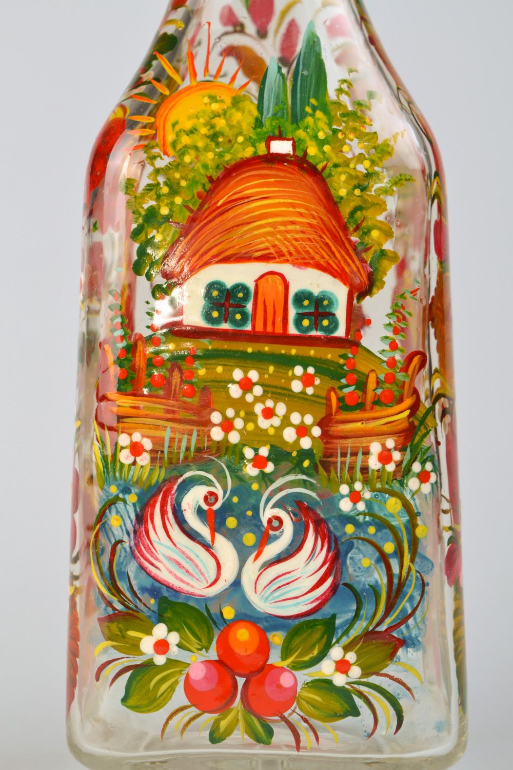 Handmade decorative bottle with ethnic painting in bright colors for 0.5 l Storks photo 4