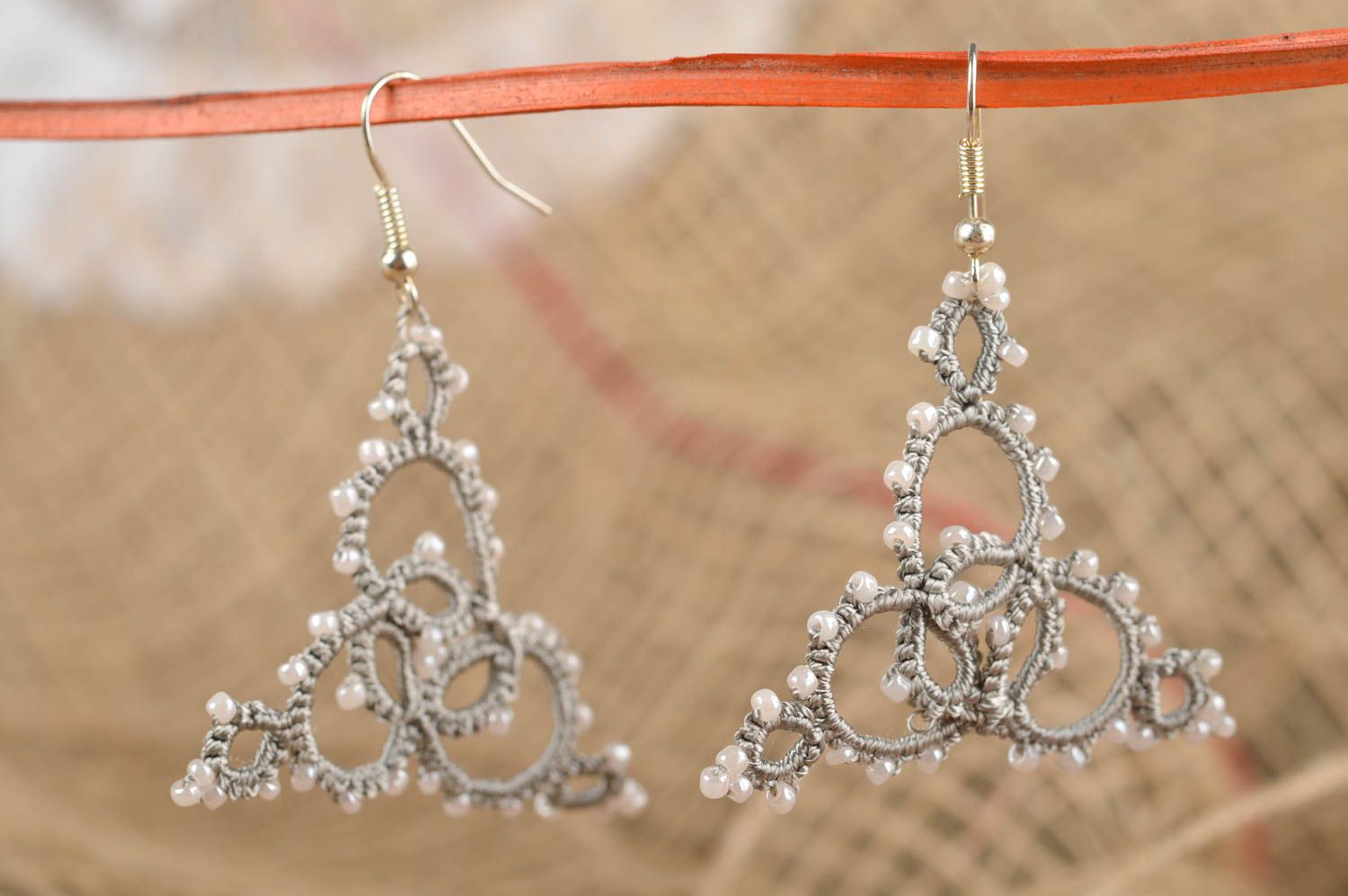 Beautiful handmade woven thread earrings textile earrings with beads gift ideas photo 1