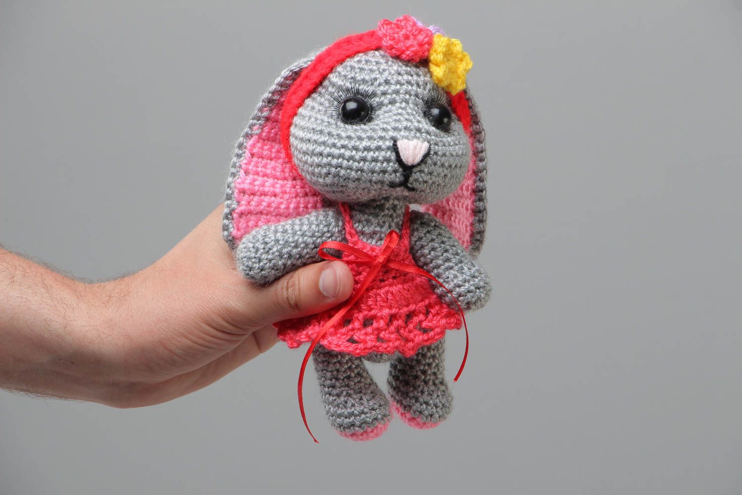 Small gray handmade soft toy bunny crocheted of acrylic threads for children photo 5