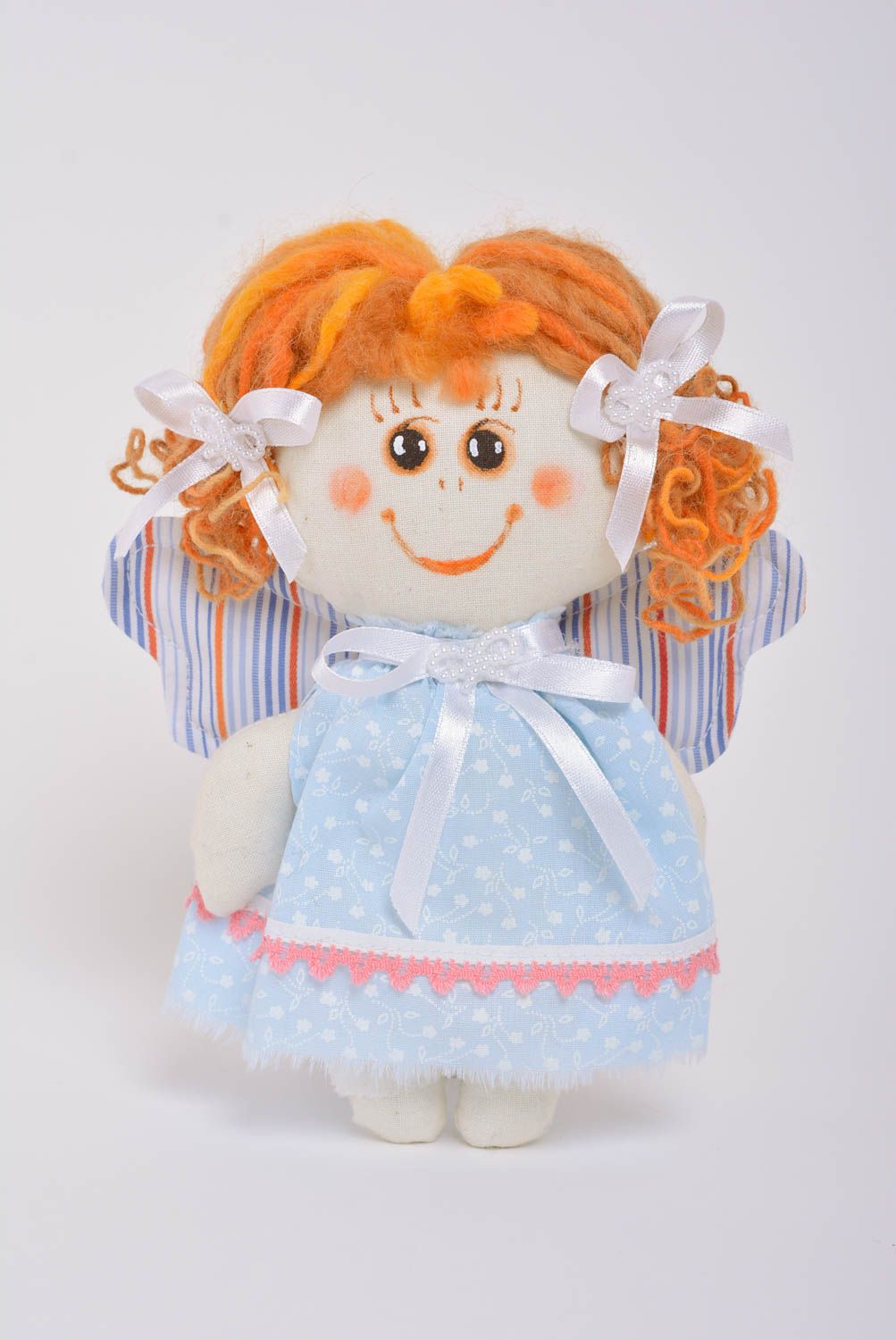 Handmade designer fabric soft doll angel girl in blue dress with striped wings photo 1