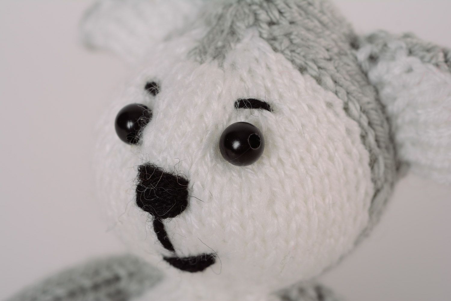 Funny gray and white small handmade knit soft toy doggie photo 2