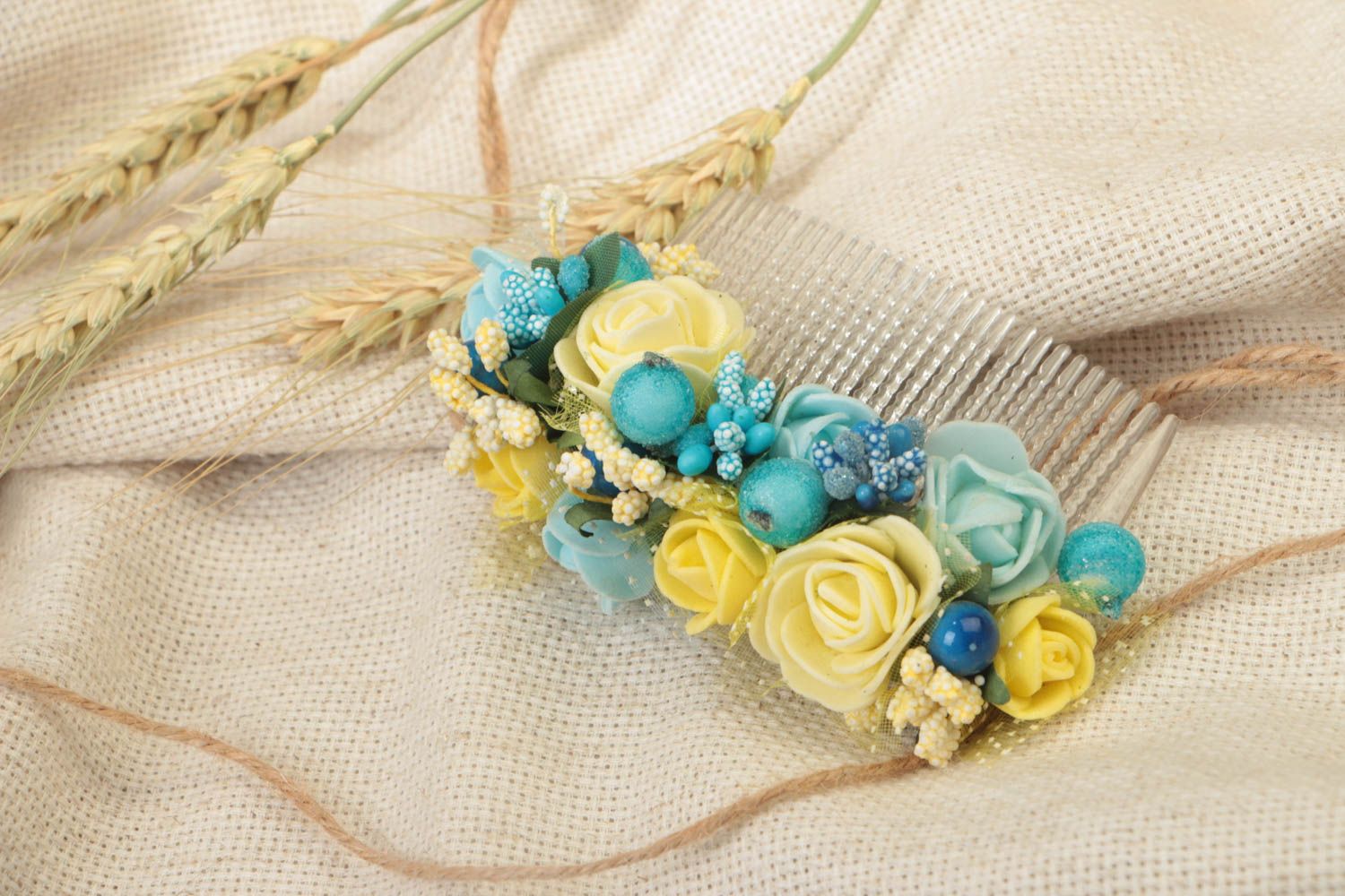 Beautiful handmade plastic hair comb with flowers and berries photo 1