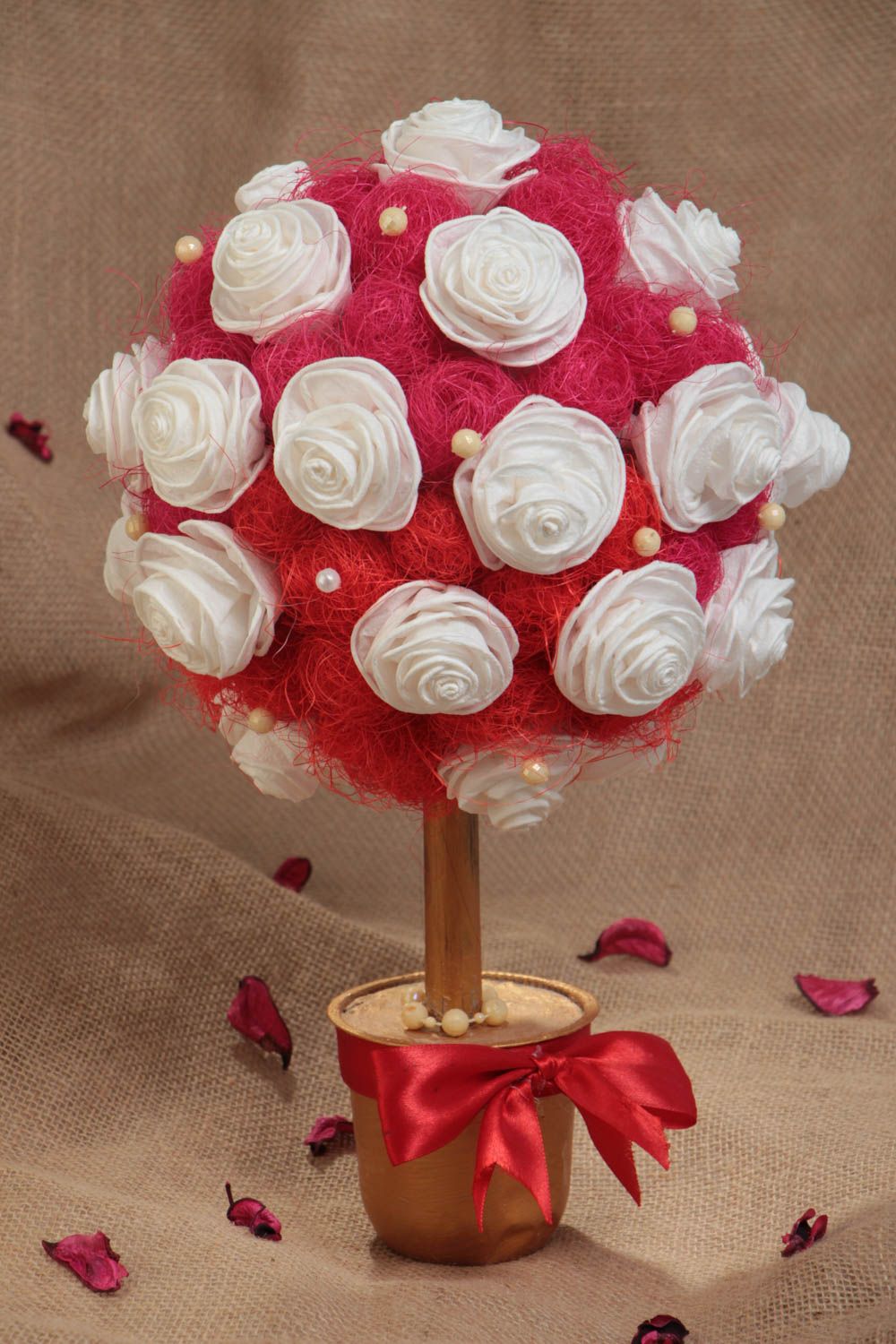 Handmade designer red and white decorative topiary tree with sisal and beads  photo 1