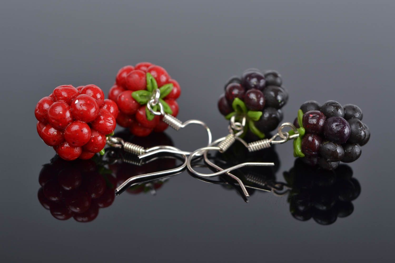 Handmade designer polymer clay bright earrings Raspberry set of 2 pairs photo 1