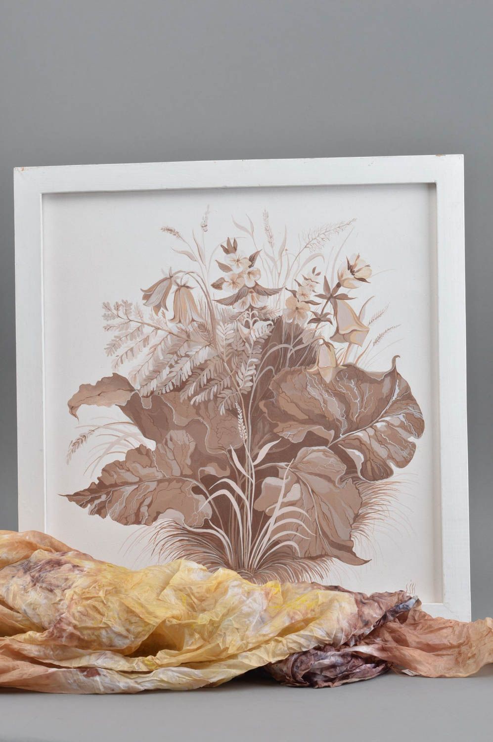 Tableau sur toile fait main contemporain cadre blanc en bois Buisson marron photo 1