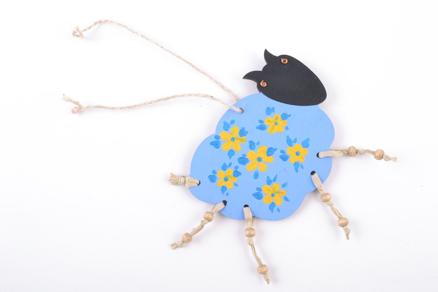 Homemade decorative painted wooden wall hanging blue lamb with yellow flowers photo 3
