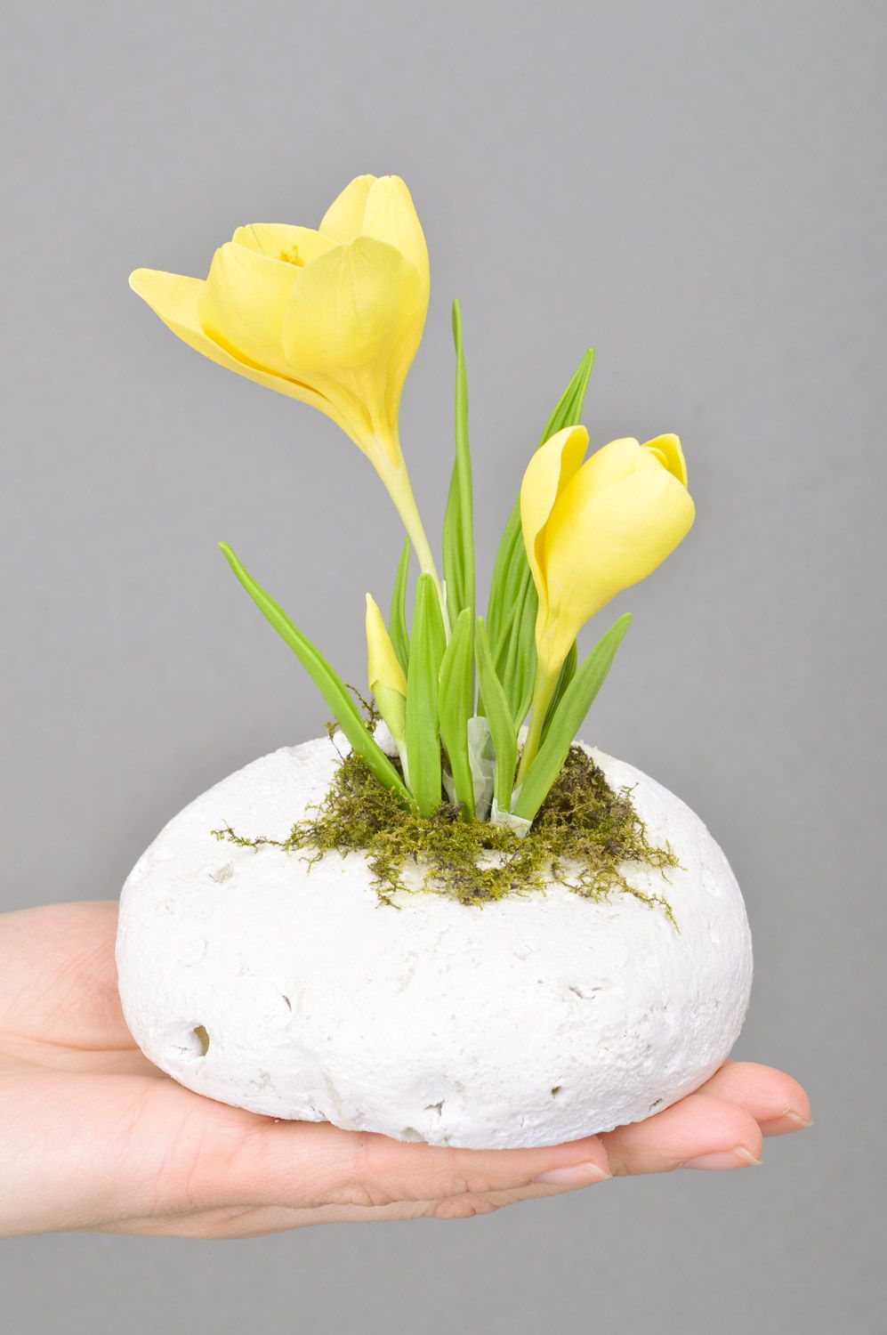 Handmade artificial polymer clay yellow crocus flower on white stone stand photo 2