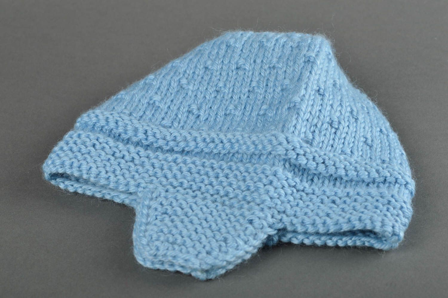 Вязаная шапка ручной работы шапка для мальчиков зимняя шапка голубая на уши фото 3