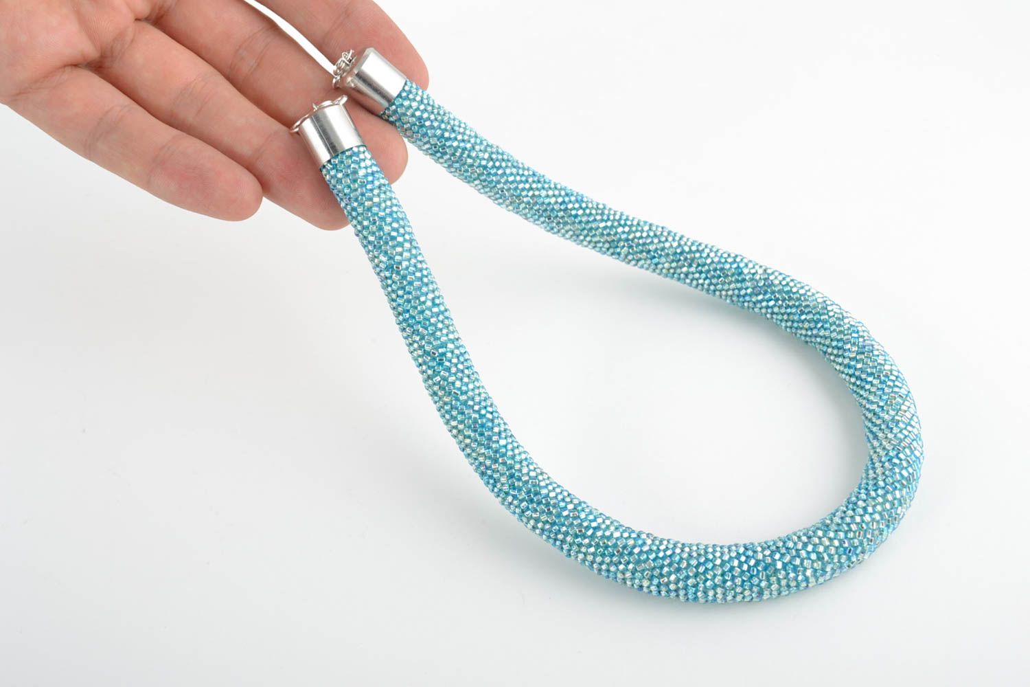 Festive massive handmade woven blue beaded cord necklace with Japanese beads photo 2