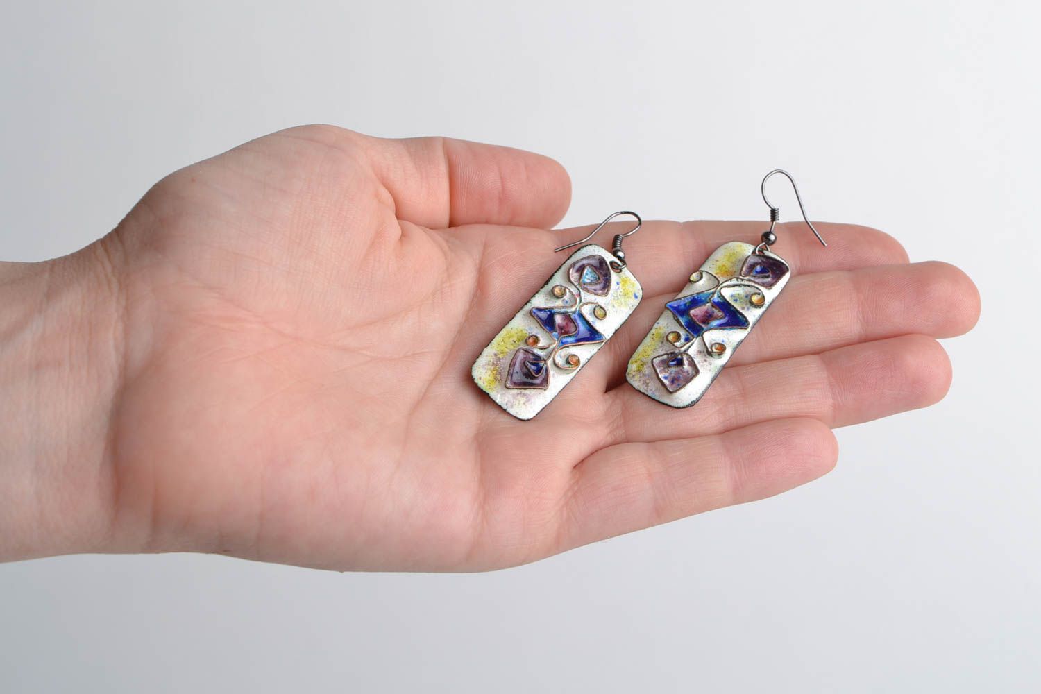 Handmade long rectangular copper earrings with enamel painting Violet Buds photo 2