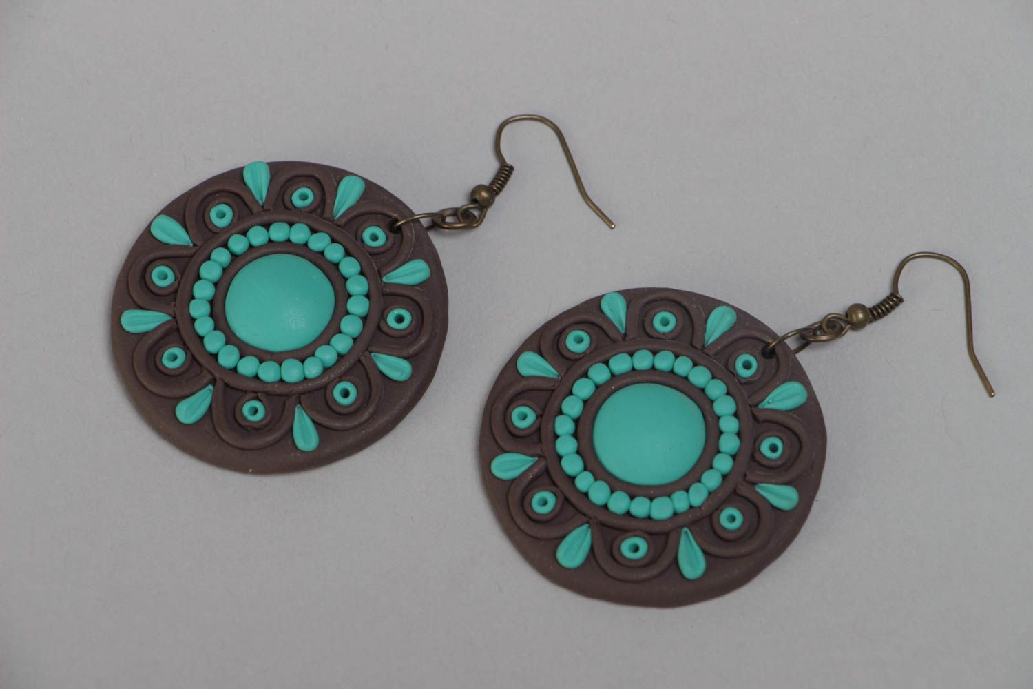 Handmade round polymer clay dangle earrings of gray and turquoise colors photo 2