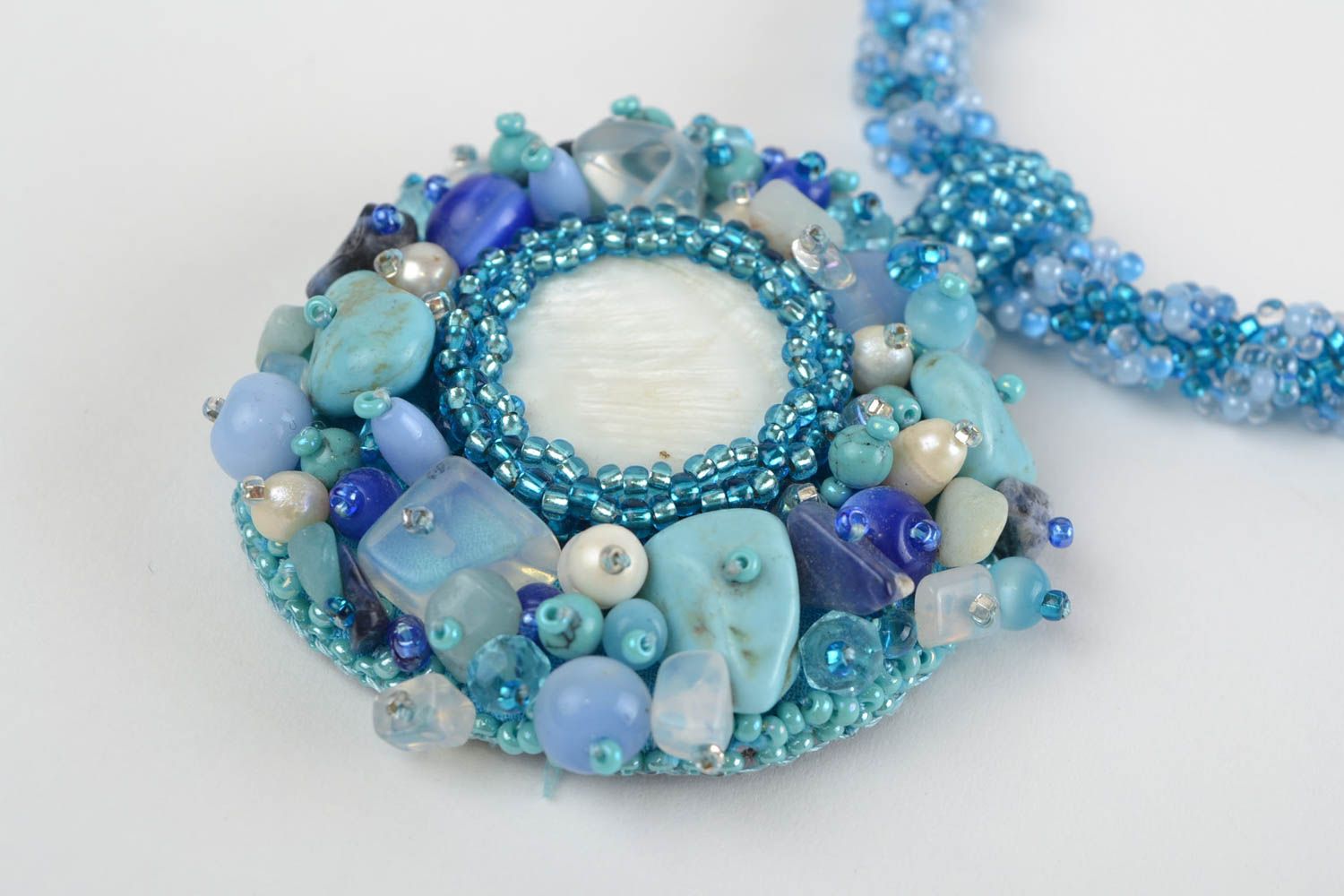 Unusual handmade designer blue beaded necklace with natural stones photo 3