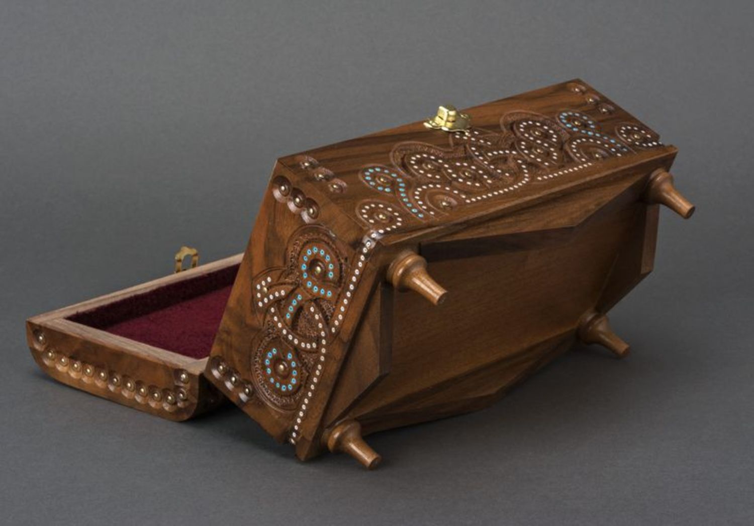 Handmade wooden jewelry box with beads inlay photo 5