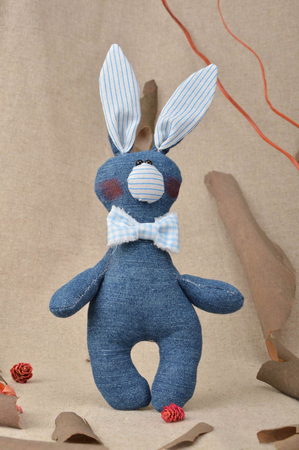 Handmade denim toy for children denim bunny doll present for home natural toy  photo 2