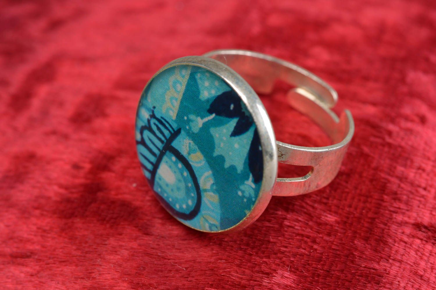 Blue handmade designer decoupage epoxy ring on metal basis photo 1