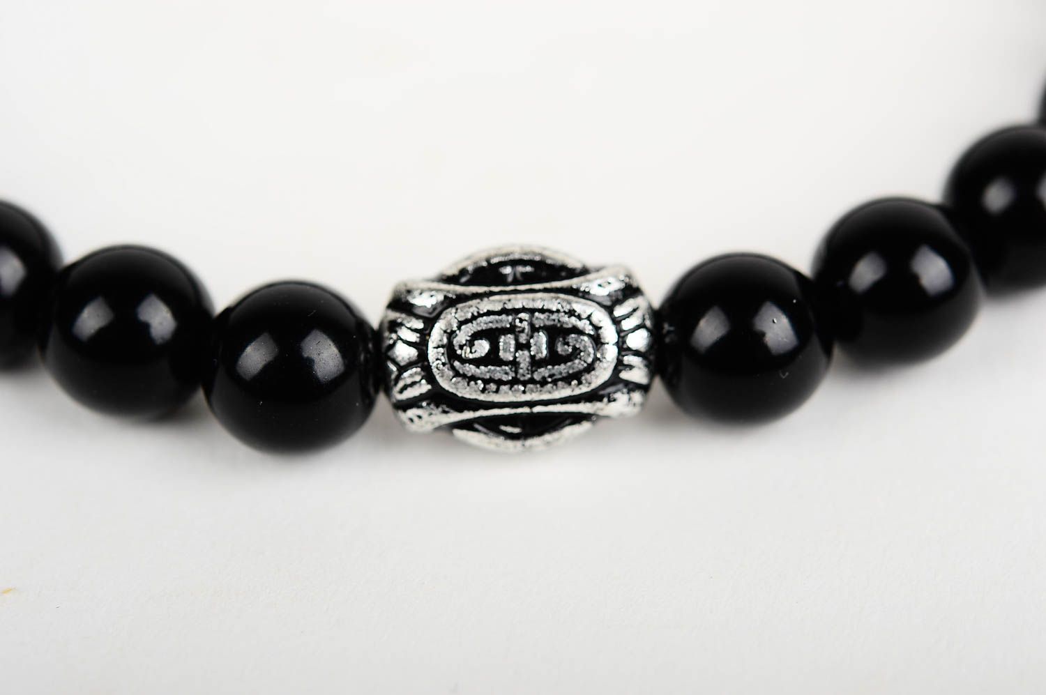 Handmade black beads stretchy bracelet with metal centerpiece charm for women photo 4